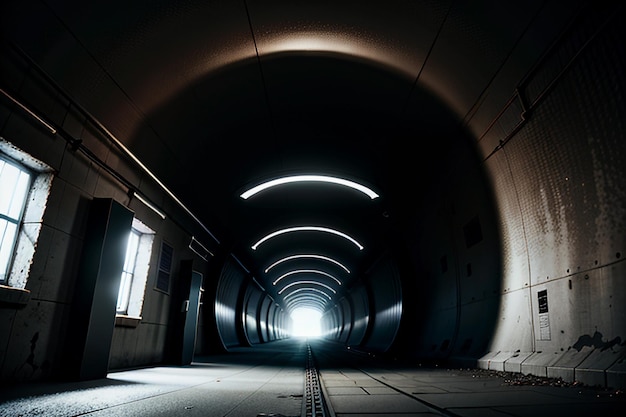 Foto el pasaje subterráneo del túnel largo y lejano con luces escena de tiro al estilo blanco y negro