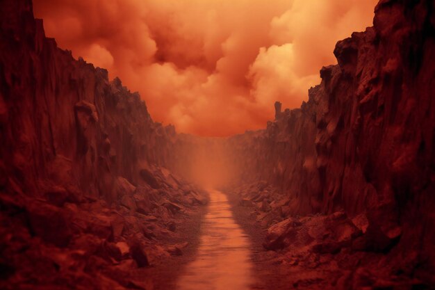 Foto pasaje a través del infierno al cielo en la distancia tonos rojos surrealistas con niebla