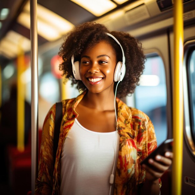 Una pasajera afroamericana escuchando música a través de un teléfono móvil inteligente en un tren Sonríe una mujer con auriculares inalámbricos mientras se mueve en el tranvía