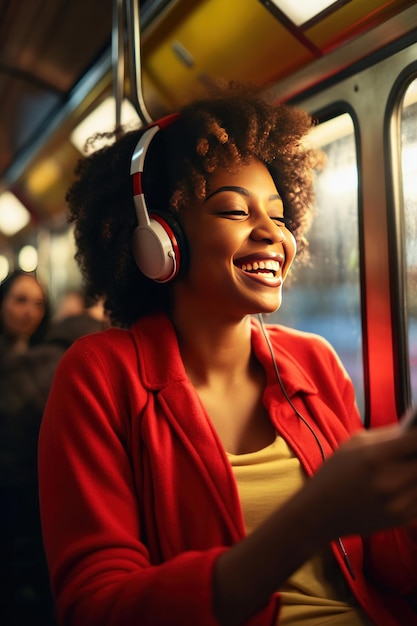 Una pasajera afroamericana escuchando música a través de un teléfono móvil inteligente en un tren Sonríe una mujer con auriculares inalámbricos mientras se mueve en el tranvía