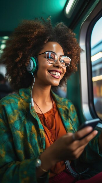 Una pasajera afroamericana escuchando música a través de un teléfono móvil inteligente en un tren Sonríe una mujer con auriculares inalámbricos mientras se mueve en el tranvía