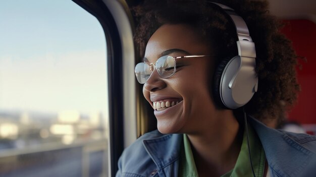 Una pasajera afroamericana escuchando música a través de un teléfono móvil inteligente en un tren Sonríe una mujer con auriculares inalámbricos mientras se mueve en el tranvía