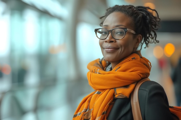 Pasajera afroamericana con gafas y una bufanda naranja en la estación durante un viaje de negocios