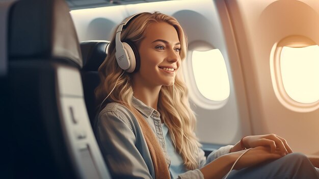 pasajera de avión sentada en un cómodo asiento escuchando música con auriculares mientras trabaja en una computadora portátil moderna