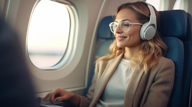 pasajera de avión sentada en un cómodo asiento escuchando música con auriculares mientras trabaja en una computadora portátil moderna