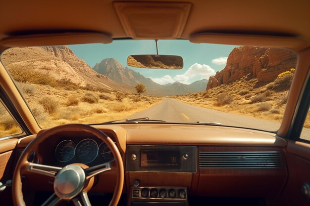 Pasajero del coche vista de la ventana delantera de las montañas en un viaje por carretera viajando en coche de alquiler relajarse en el asiento trasero