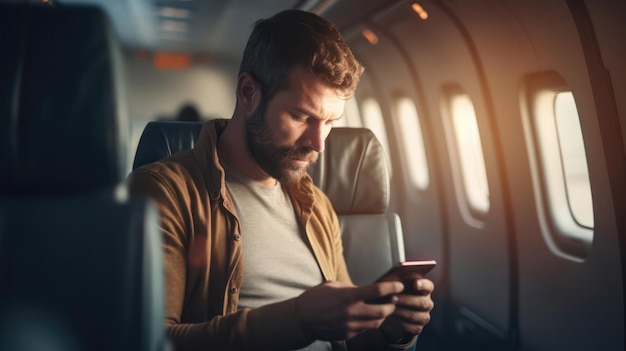 El pasajero de InFlight Digital Experience usa el teléfono inteligente contra el interior borroso del avión