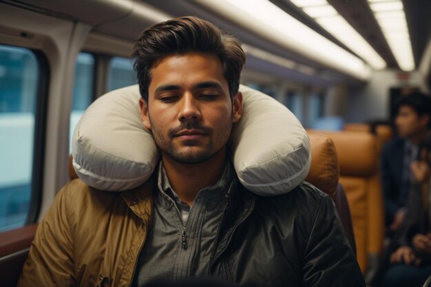 Pasajero masculino usa almohada de viaje para dormir durante el viaje