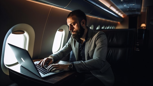 Pasajero en un vuelo usando una computadora portátil IA generativa