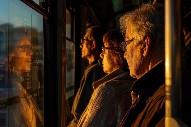 Pasajeros bañados en la luz del atardecer dentro de un autobús de la ciudad