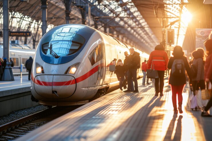 Pasajeros a bordo de un tren moderno de alta velocidad