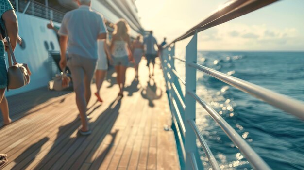 Pasajeros caminando por la cubierta del crucero en un día soleado con vistas al mar