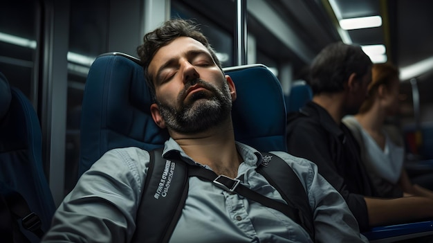 Los pasajeros que duermen unos momentos durante su viaje reflejan el agotamiento de la vida diaria.