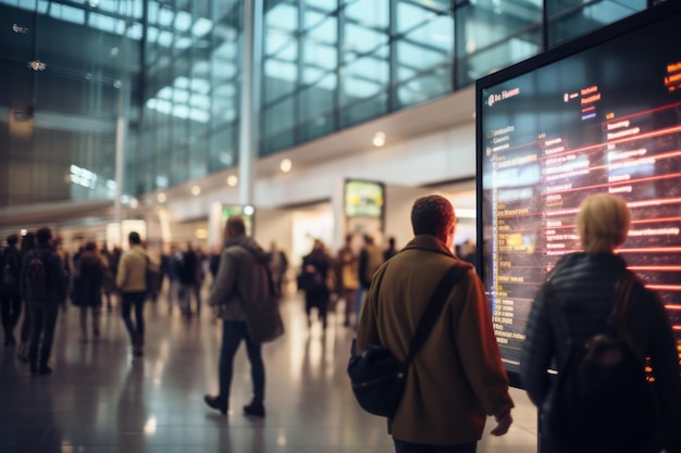 Pasajeros en la terminal del aeropuerto comprobando la información de salida en una pantalla digital con antecedentes
