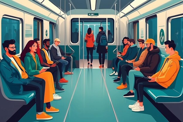 Pasajeros de transporte público Hombres y mujeres sentados y de pie en un vagón moderno del metro
