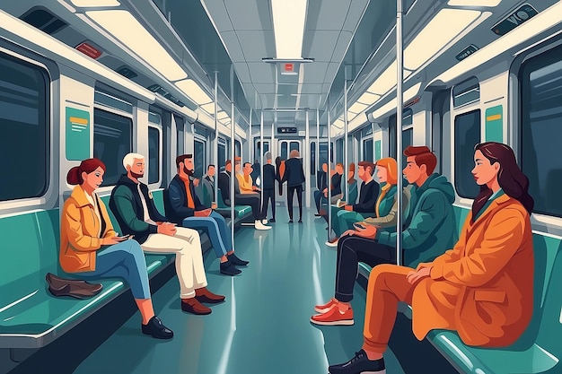 Pasajeros de transporte público Hombres y mujeres sentados y de pie en un vagón moderno del metro