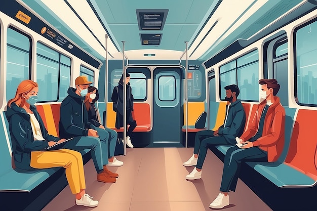 Pasajeros de transporte público Hombres y mujeres sentados y de pie en un vagón moderno del metro