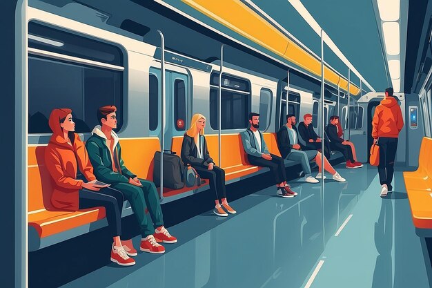 Foto pasajeros de transporte público hombres y mujeres sentados y de pie en un vagón moderno del metro