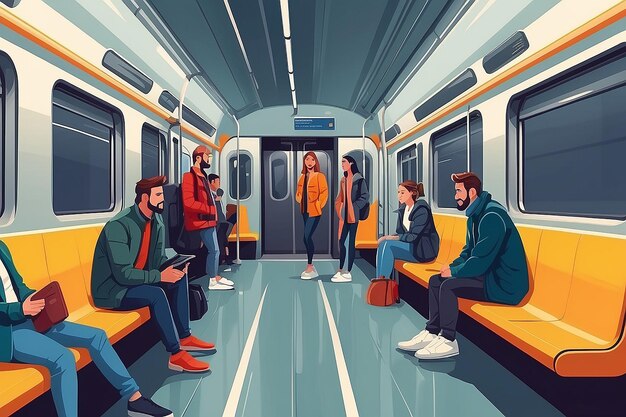 Pasajeros de transporte público Hombres y mujeres sentados y de pie en un vagón moderno del metro