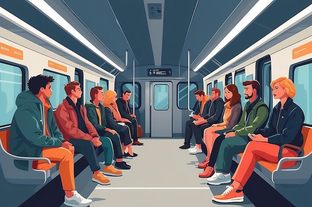 Pasajeros de transporte público Hombres y mujeres sentados y de pie en un vagón moderno del metro