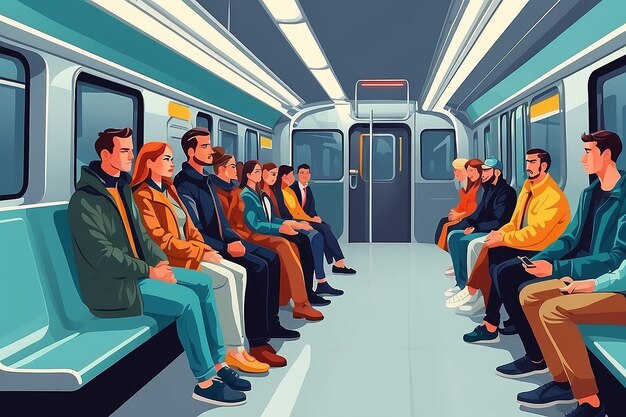 Pasajeros de transporte público Hombres y mujeres sentados y de pie en un vagón moderno del metro