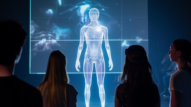 Foto los pasantes observan un holograma humano durante el entrenamiento interactivo