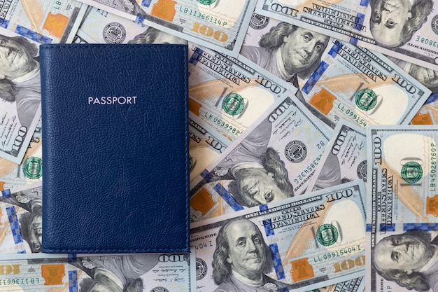 Pasaporte azul sobre el dinero.