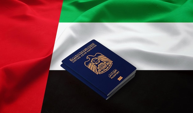 Pasaporte de los Emiratos Árabes Unidos en la parte superior de una bandera de los emiratos