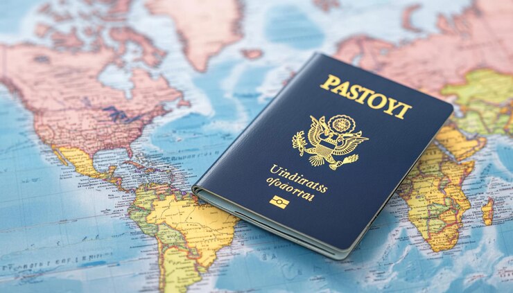 un pasaporte está en un mapa del mundo