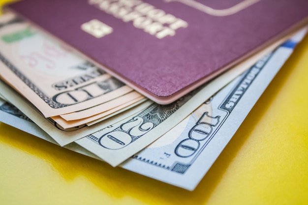 Pasaporte internacional con dólares americanos en vista cercana