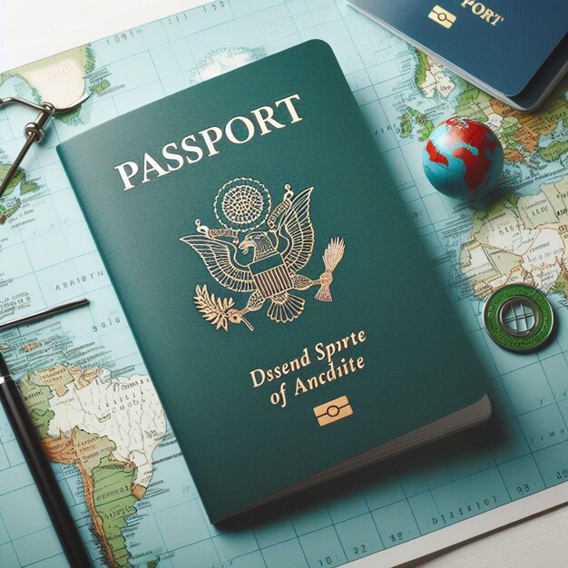 Foto pasaporte en el mapa del mundo