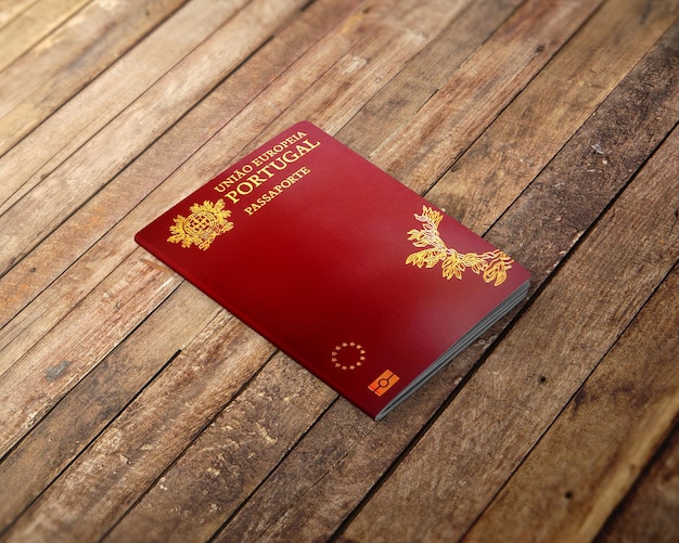 Pasaporte portugués en la parte superior de un fondo de madera