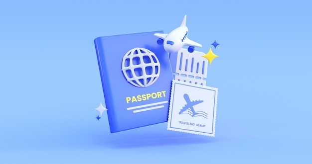 Foto pasaporte con sello de viaje en fondo azul renderización 3d