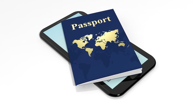 Pasaporte y tabletsmartphone aislado sobre fondo blanco.