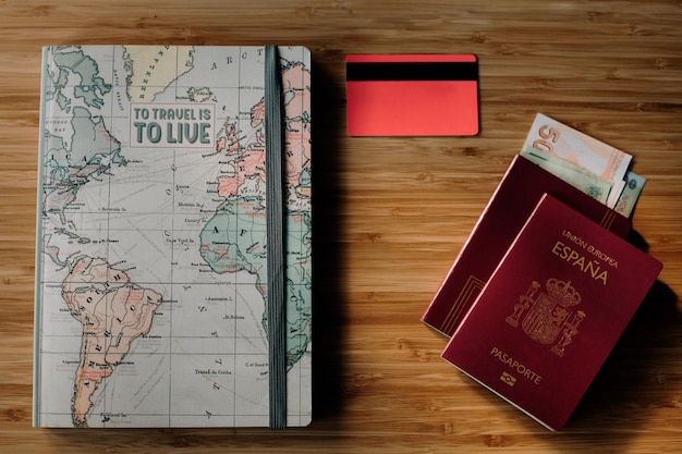 Pasaporte con tarjeta de crédito y libreta para viajar