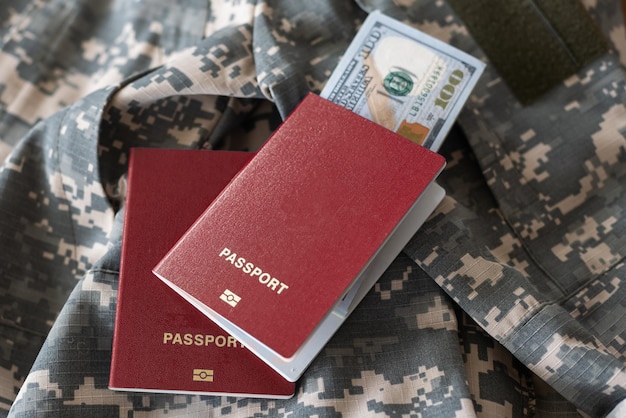 Pasaportes, dinero, textura uniforme militar de camuflaje pixelado