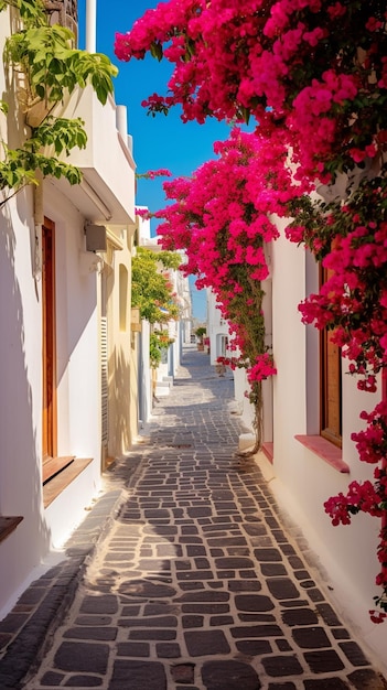 pasarela arafed con flores rosadas y edificios blancos a ambos lados ai generativo