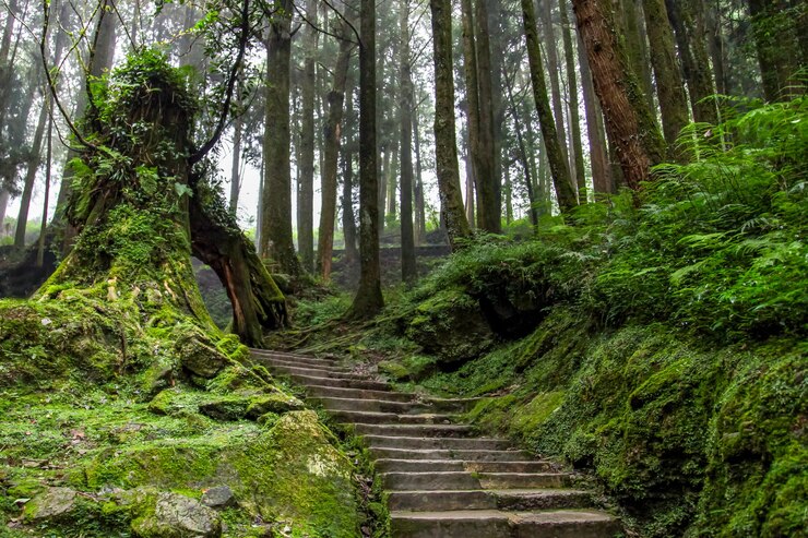 La pasarela en el bosque tiene un hermoso entorno en Taiwán.