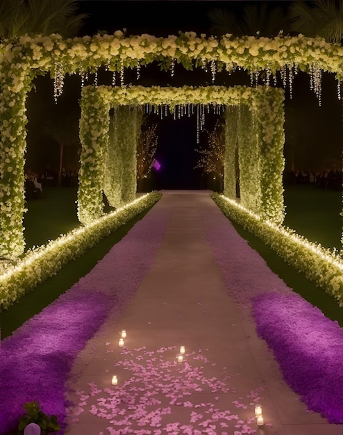 Una pasarela decorada con flores y velas encendidas