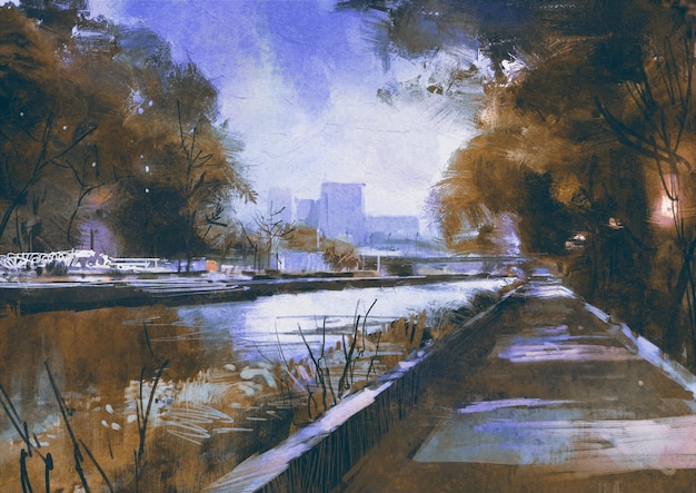 pasarela junto al río en una ciudad tranquila, pintura digital