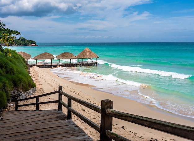 Una pasarela de madera conduce a una playa con sombrillas de paja y un océano azul de fondo.