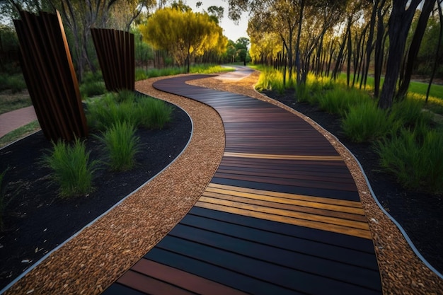 Pasarela de madera recuperada y metal en un parque ecológico creado con IA generativa