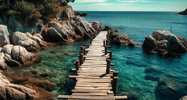 Una pasarela de madera a través del agua a una isla