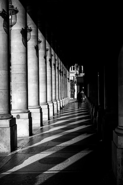 Pasarela parisina en blanco y negro Una persona no identificable camina en las sombras proyectadas por antiguas columnas arquitectónicas París