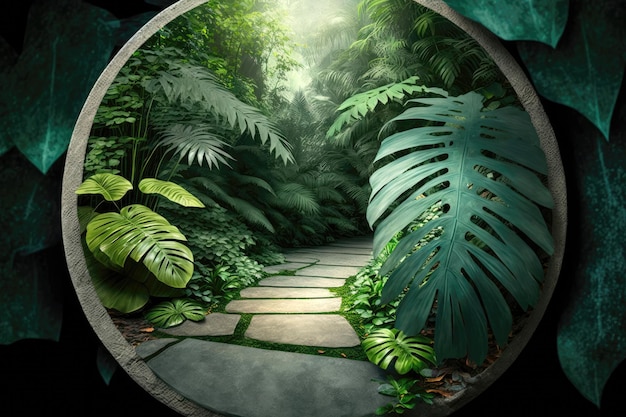 Pasarela de piedra redonda entre hojas tropicales verdes IA generativa realista