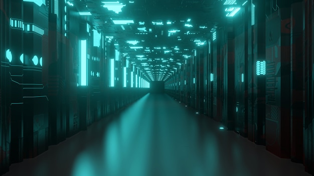 Pasarela de túnel de ciencia ficción futurista con hermoso fondo de pantalla de renderizado 3d abstracto reflectante.