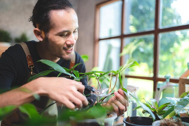 Pasatiempo de jardinería de plantas de la naturaleza, estilo de vida de persona hombre feliz con hoja verde de flores en crecimiento y trabajo agrícola en verano, concepto de medio ambiente en casa en hobby