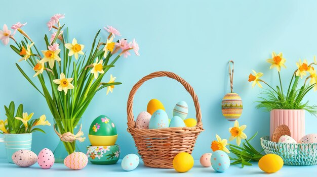 Páscoa alegre Colocação de ovos coloridos Narcisos e cesta na mesa com parede azul