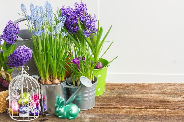 Páscoa em ovos de jardim em gaiola e coelho com vasos de flores, copie o espaço na mesa de madeira