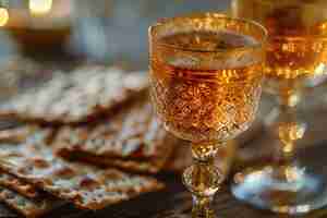 Foto páscoa judaica kiddush copo de vinho com matzot e pão de matzo festa de páscoa